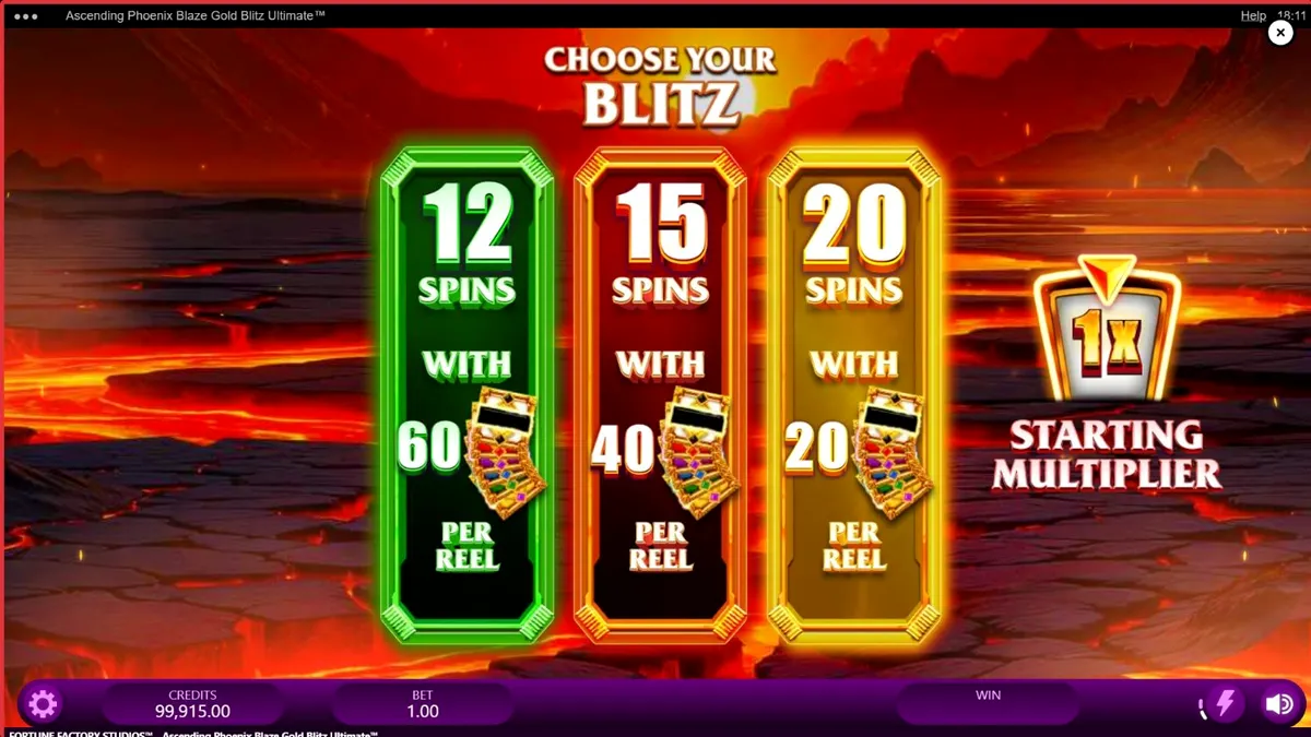 Ascending Phoenix Blaze Gold Blitz Ultimate স্লট গেমের ফিনিক্স থিমযুক্ত ইন্টারফেস