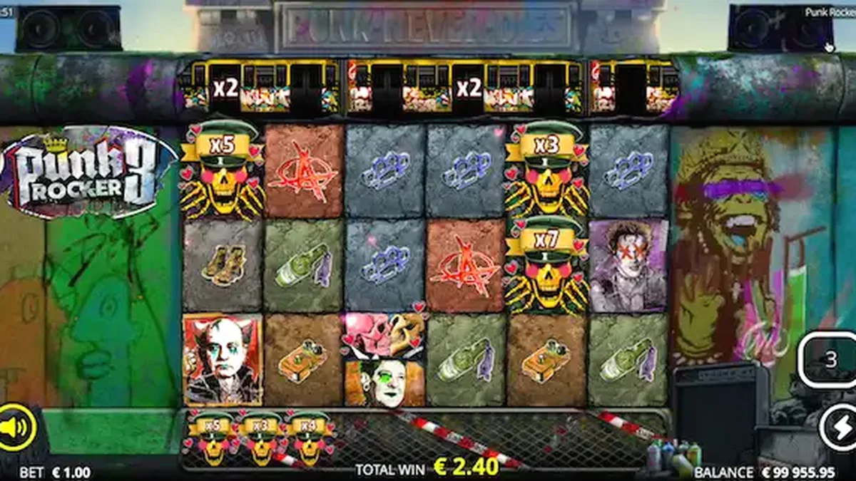 Punk Rocker 3 slot game interface showing the Berlin-inspired gritty design.